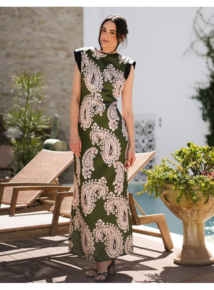 Robe longue imprimée vert kaki avec épaulettes