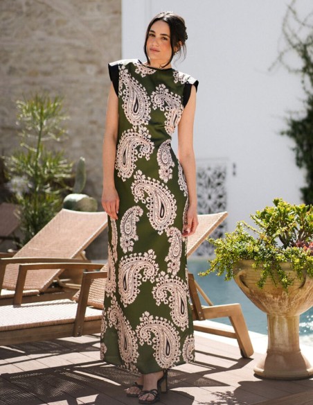 Robe longue imprimée vert kaki avec épaulettes