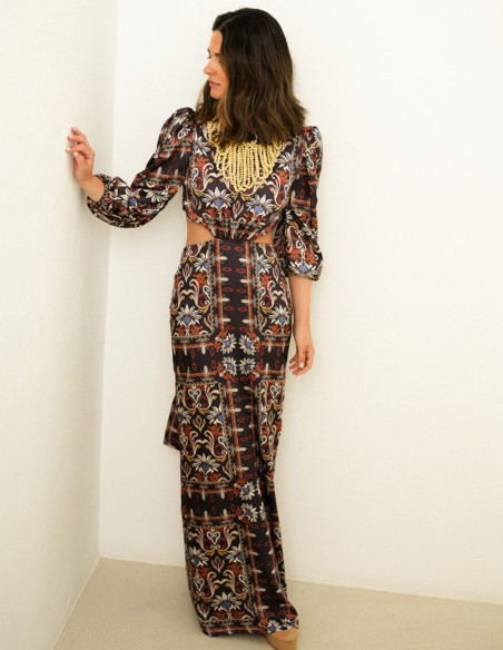 Long cut-out ethnic print dress with french sleeves