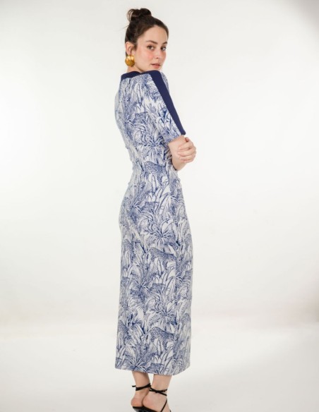 Knitted midi dress with blue jungle print and high neckline