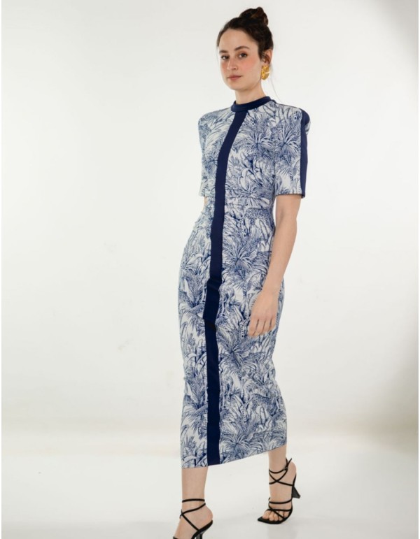 Knitted midi dress with blue jungle print and high neckline