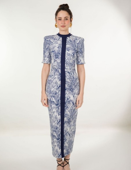 Vestido midi de punto con estampado selva azul y cuello alto para invitadas Vestido midi de punto con estampado selva azul y cuello alto para invitadas
