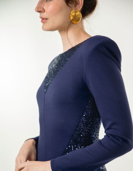 Robe midi bleu marine avec paillettes et bandoulière maxi