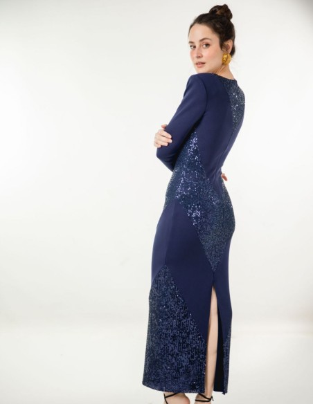 Robe midi bleu marine avec paillettes et bandoulière maxi