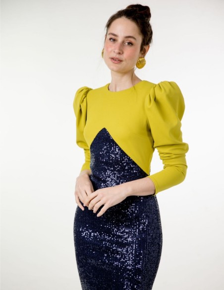 Vestido midi con lentejuelas azul marino y manga abullonada para eventos