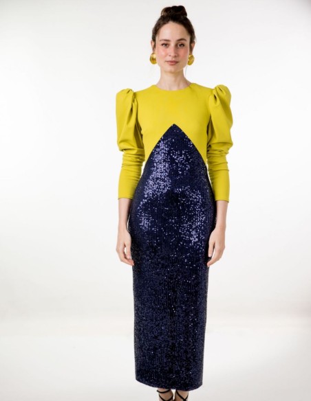 Midi party dress with sequins and puffed sleeves