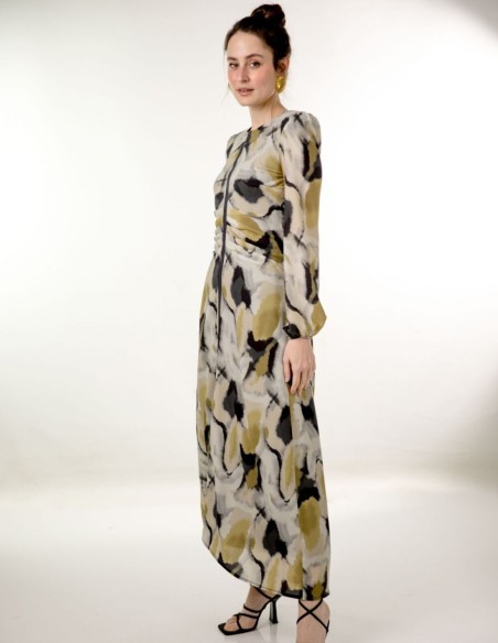 Printed chiffon midi dress with ruffle and lurex ribbon