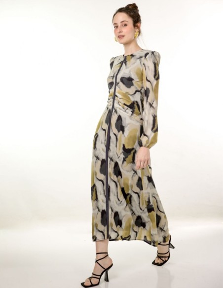 Robe midi en mousseline de soie imprimée avec fronces et ruban lurex