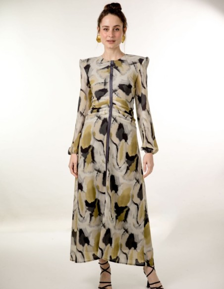 Robe midi en mousseline de soie imprimée avec fronces et ruban lurex