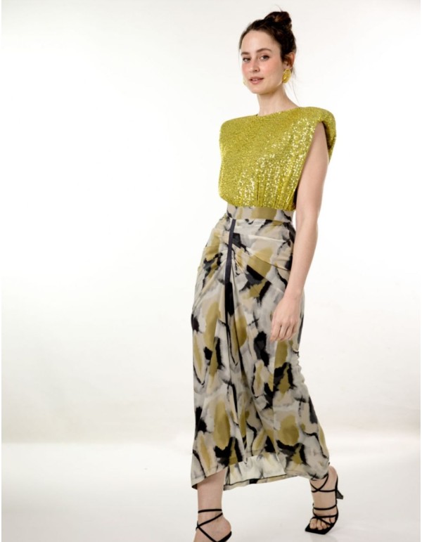 Falda midi de gasa estampada con frunce y cinta lurex 2