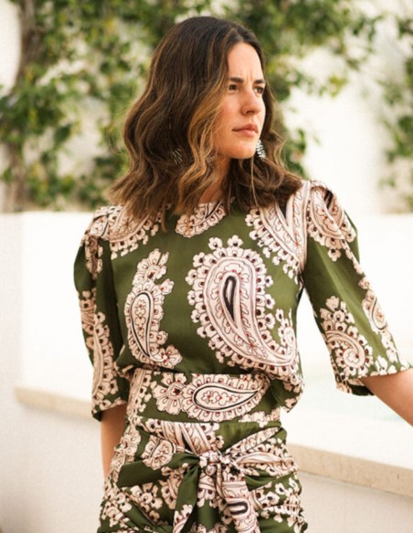 Ethnic green printed short sleeve top