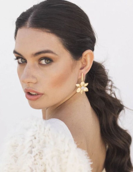 Floral gold plated party earrings with moonstone