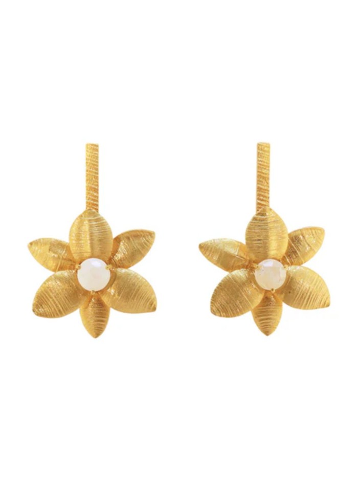 Pendientes de fiesta dorados florales con piedra lunar