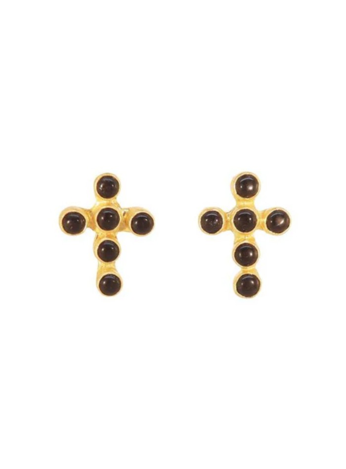 Gold-plated cross earrings with black stones