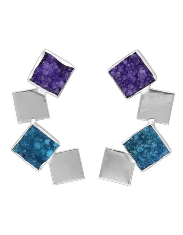 Long party earrings with purple and turquoise geometrical...