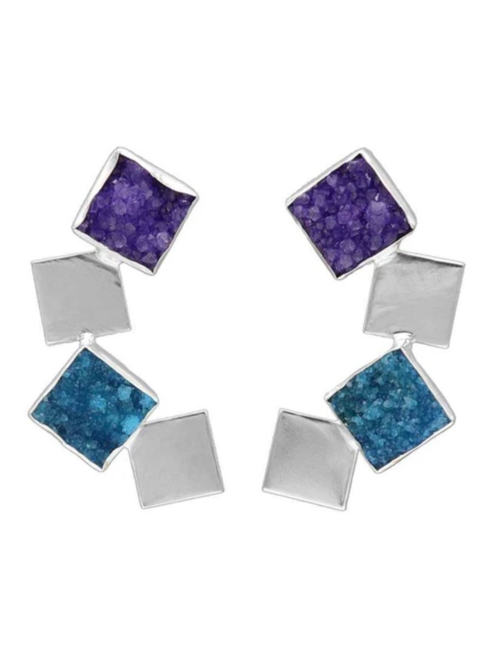 Longues boucles d'oreilles avec pierres géométriques violettes et turquoises