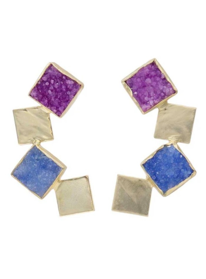 Pendientes de fiesta dorados, lilas y azules para invitadas