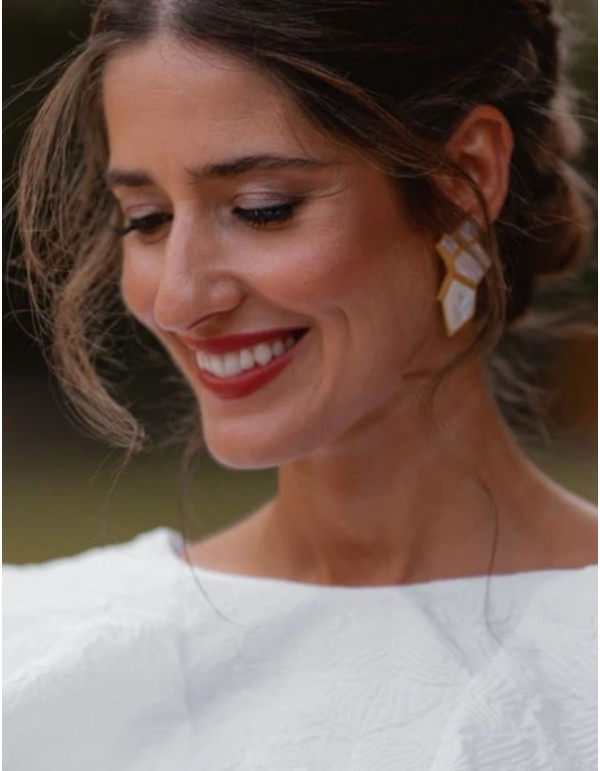 Geometric gold earrings with flat stones in white -...