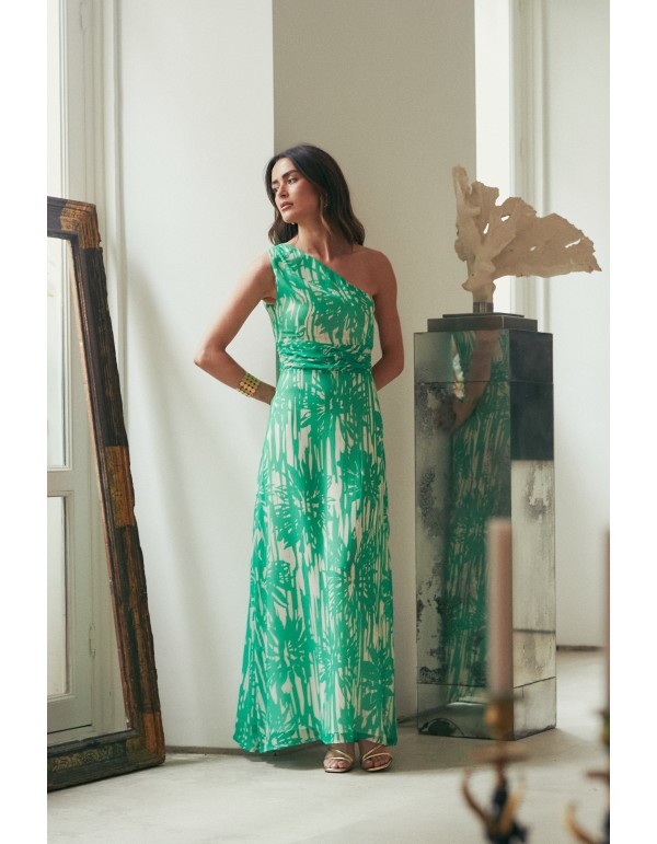 Long chiffon guest dress with shoulder and waist draping