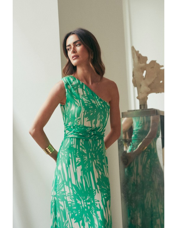 Long chiffon guest dress with shoulder and waist draping 2