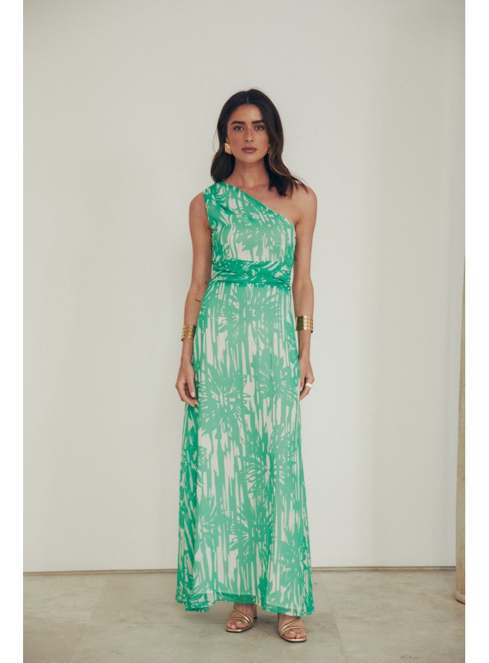 Vestido de invitada largo de gasa con drapeado en hombro y cintura estampado
