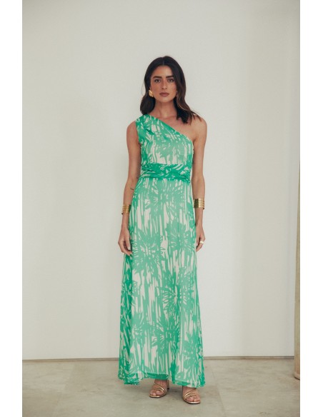 Vestido de invitada largo de gasa con drapeado en hombro y cintura estampado Vestido de invitada largo de gasa con drapeado en hombro y cintura estampado