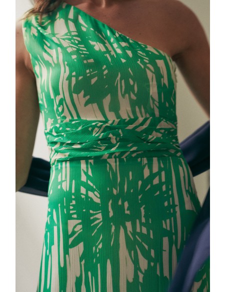 Vestido de invitada largo de gasa con drapeado en hombro y cintura para evento Vestido de invitada largo de gasa con drapeado en hombro y cintura para evento
