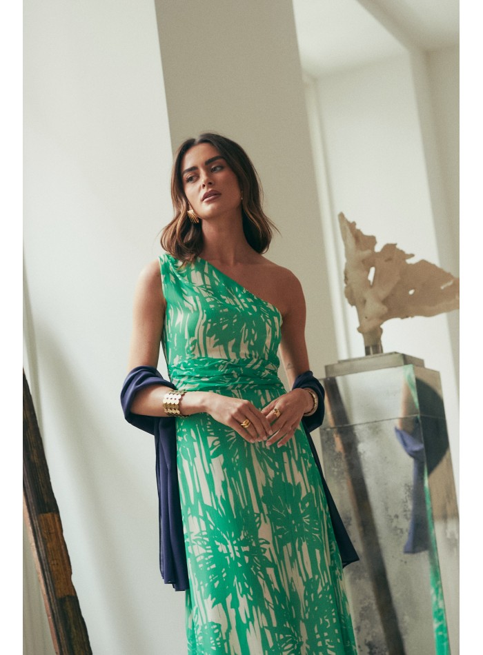 Long chiffon guest dress with shoulder and...