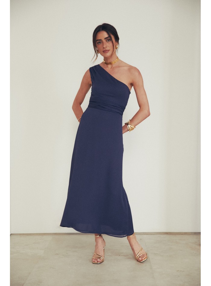 Chiffon midi guest dress with asymmetrical neckline