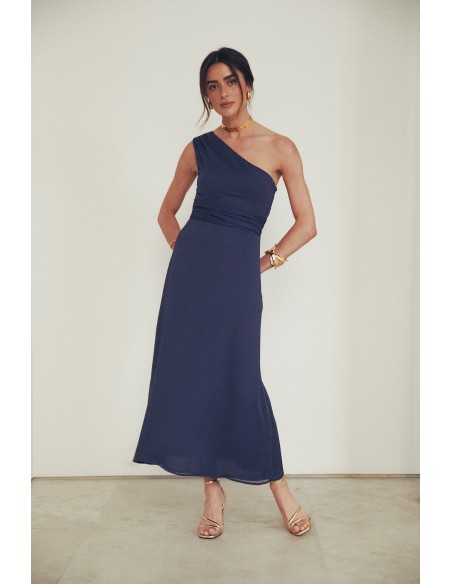 Chiffon midi guest dress with asymmetrical neckline
