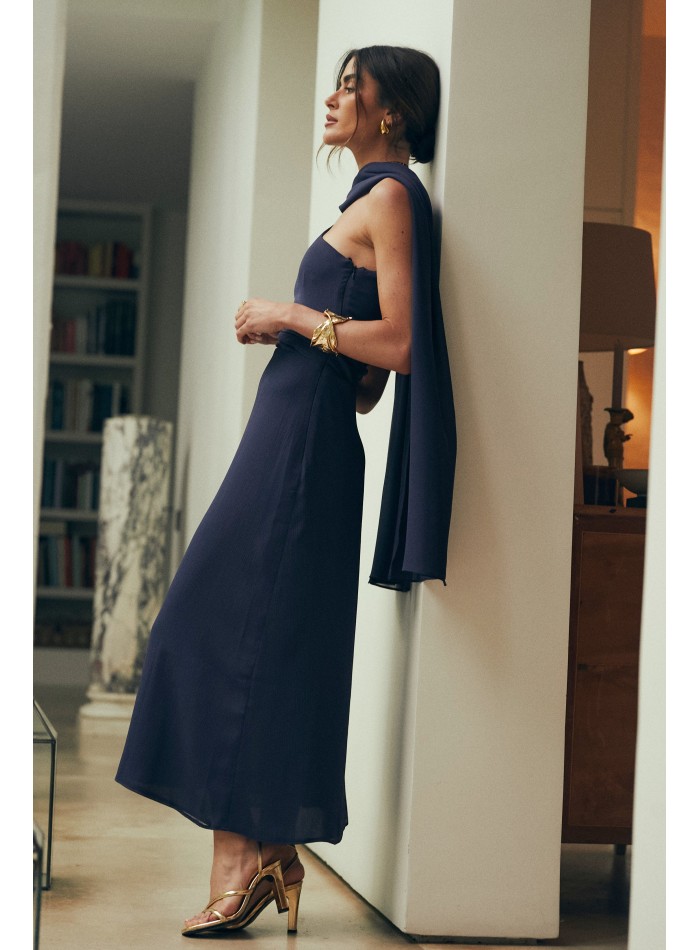 Chiffon midi guest dress with asymmetrical...