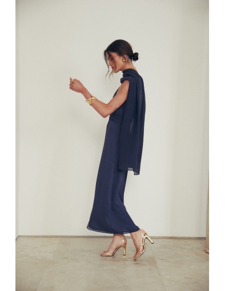Chiffon midi guest dress with asymmetrical neckline