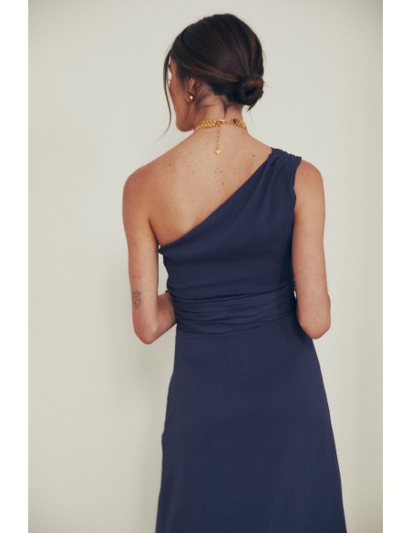 Chiffon midi guest dress with asymmetrical neckline