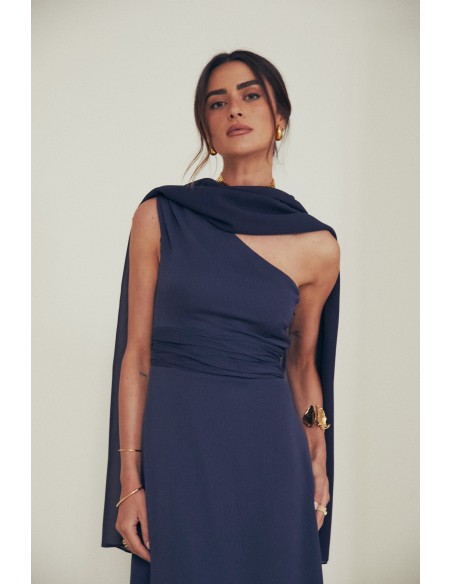 Chiffon midi guest dress with asymmetrical neckline