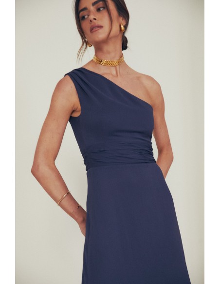 Chiffon midi guest dress with asymmetrical neckline