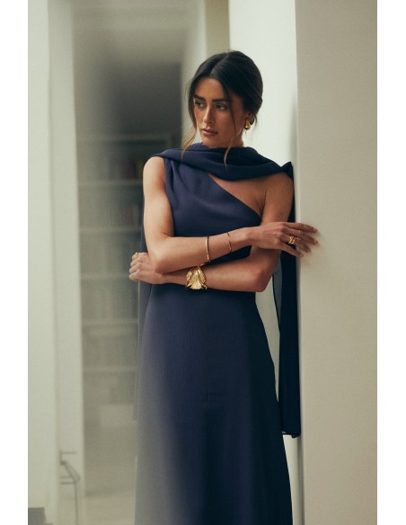 Chiffon midi guest dress with asymmetrical neckline