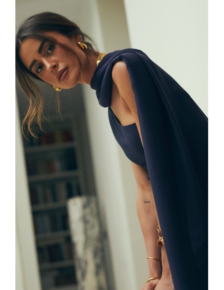 Chiffon midi guest dress with asymmetrical neckline