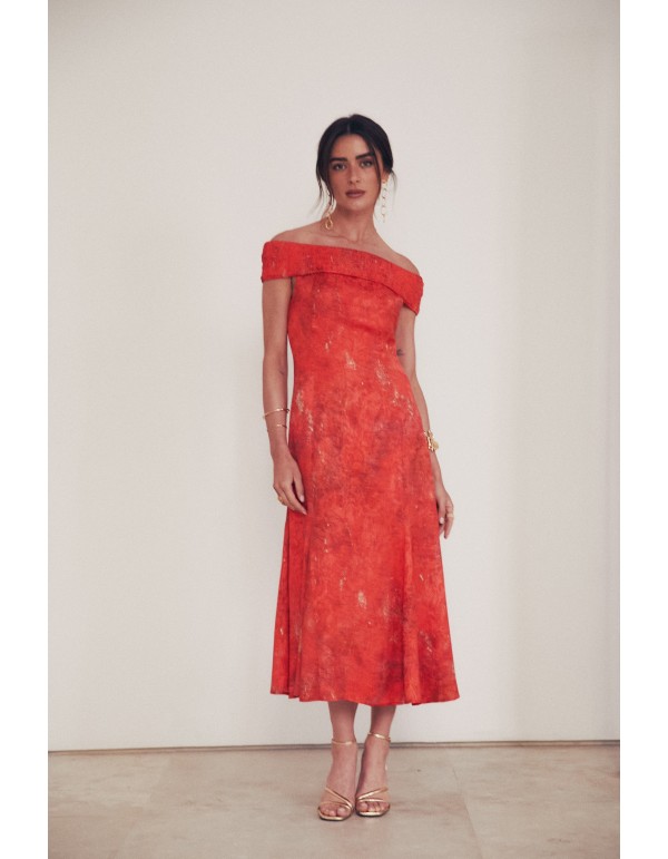Robe midi d'événement avec encolure bardot à volants 2
