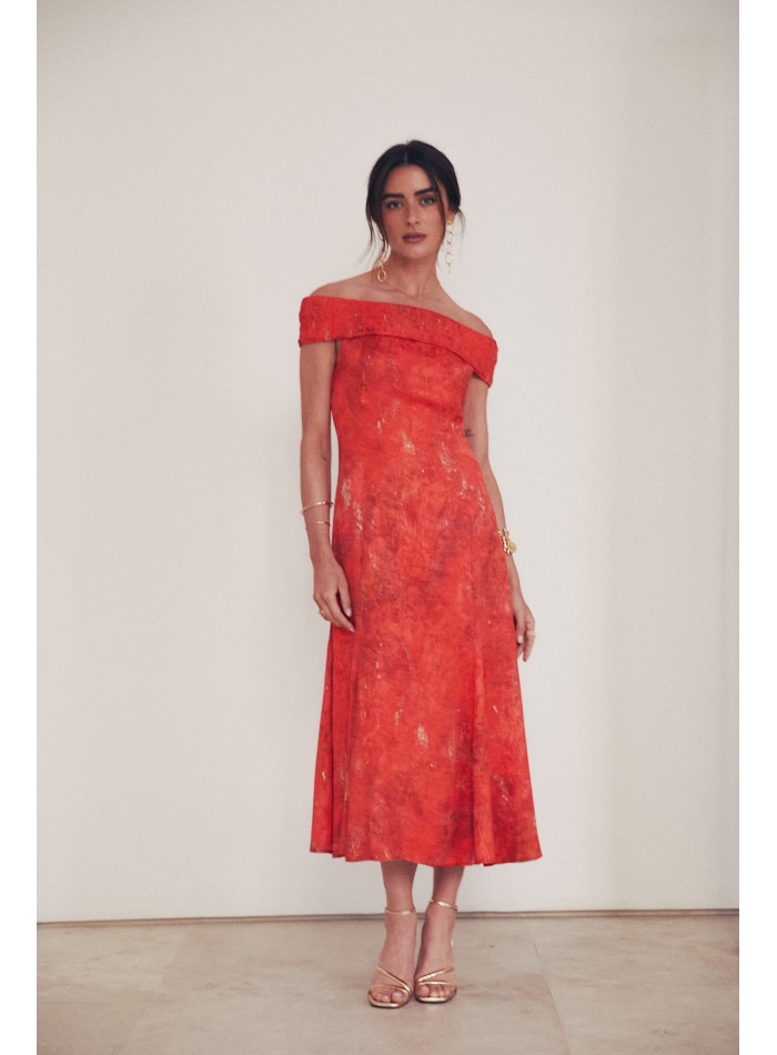 Vestido midi para evento con escote bardot fruncido