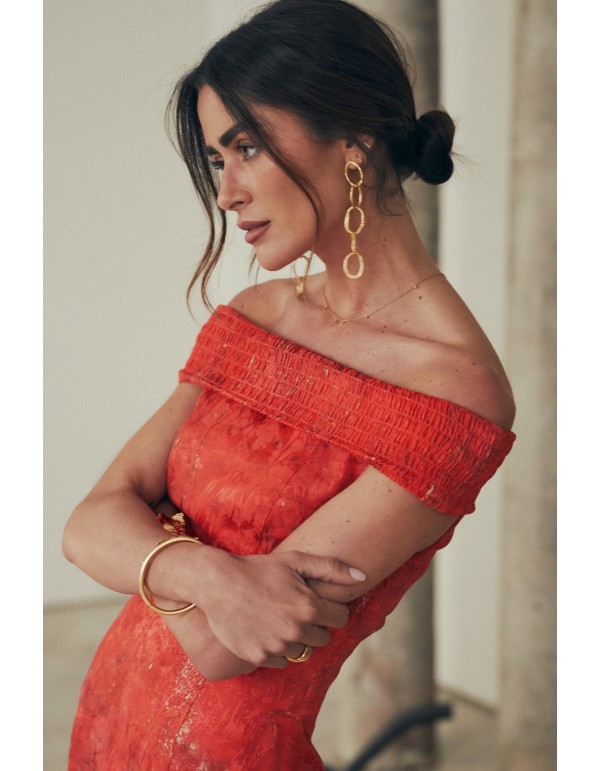 Robe midi d'événement avec encolure bardot à volants