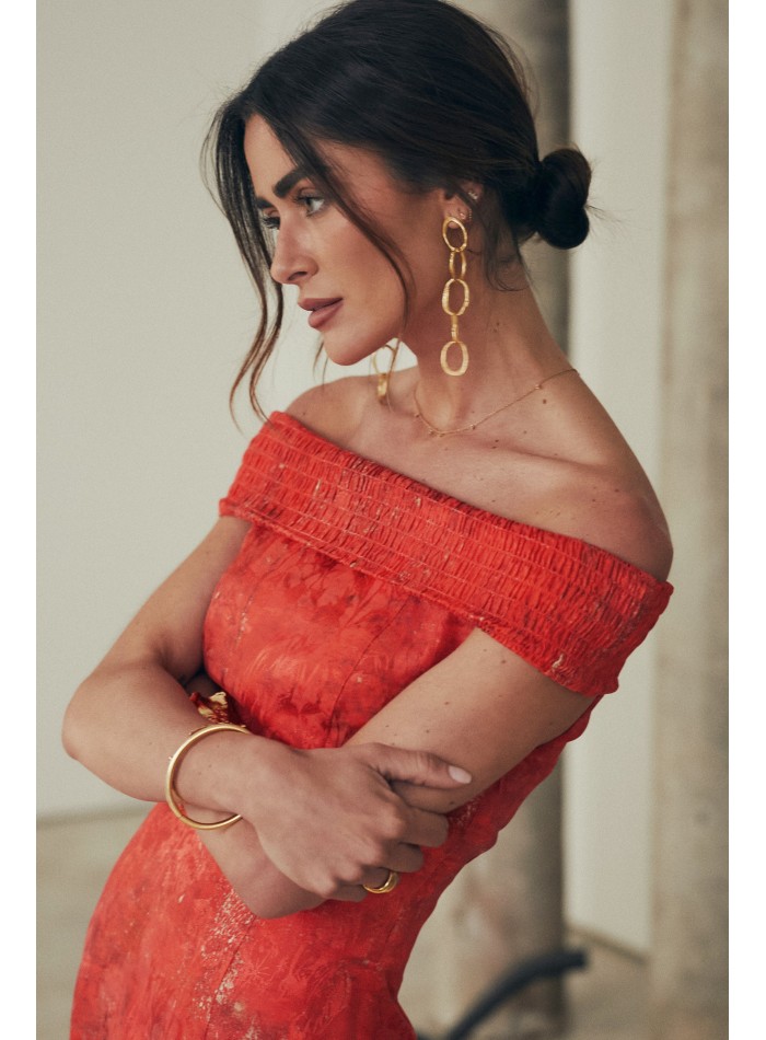Midi dress for event with gathered bardot neckline