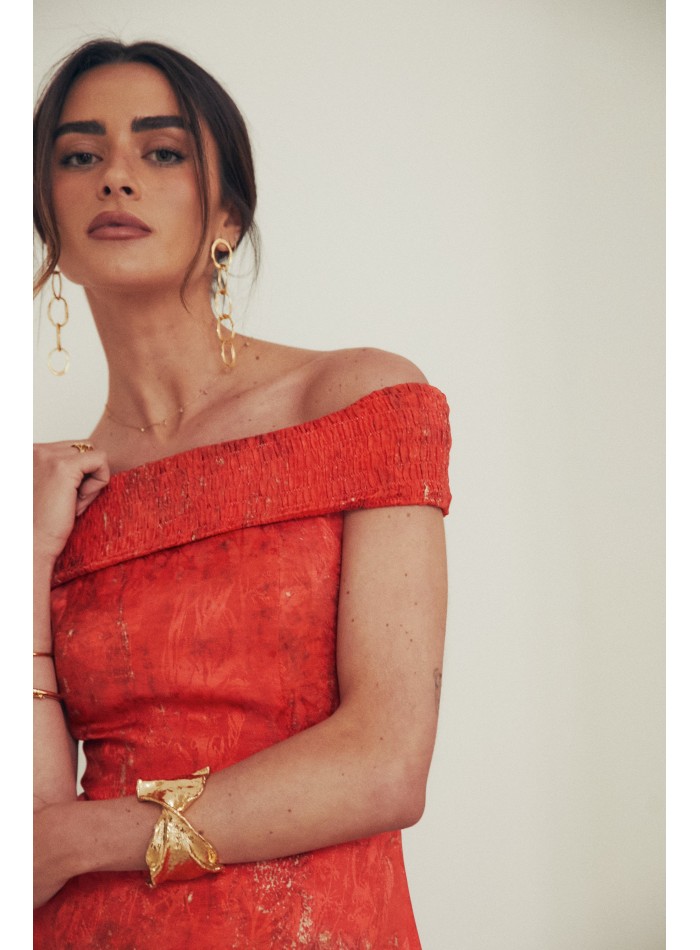 Vestido midi para evento con escote bardot fruncido para boda