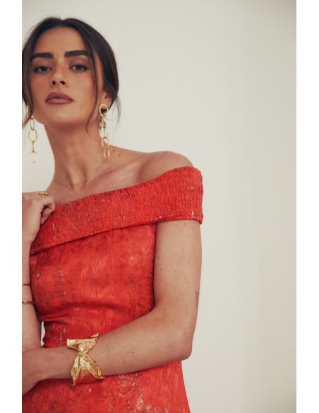 Vestido midi para evento con escote bardot fruncido para boda Vestido midi para evento con escote bardot fruncido para boda