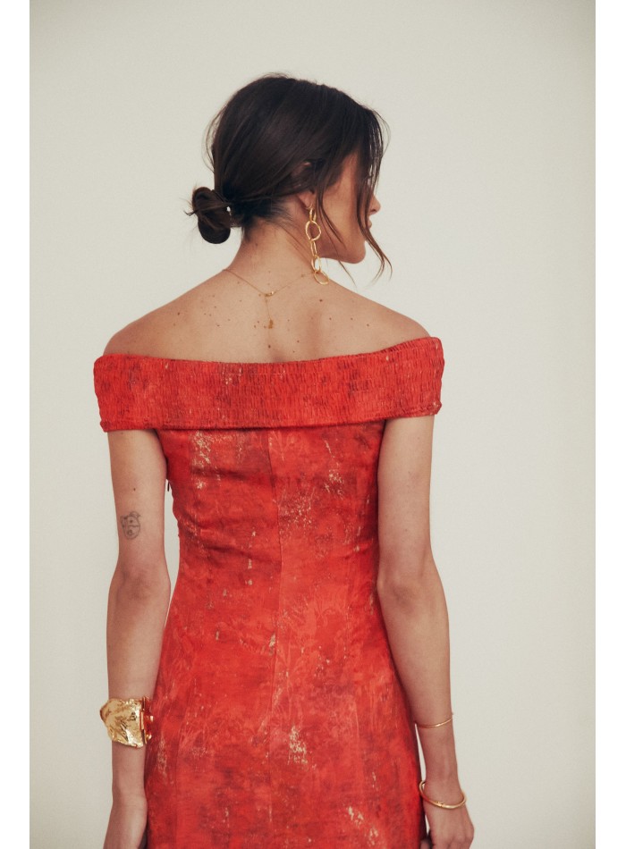 Vestido midi para evento con escote bardot fruncido de fiesta