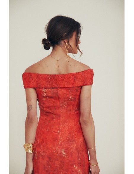 Robe midi d'événement avec encolure bardot à volants
