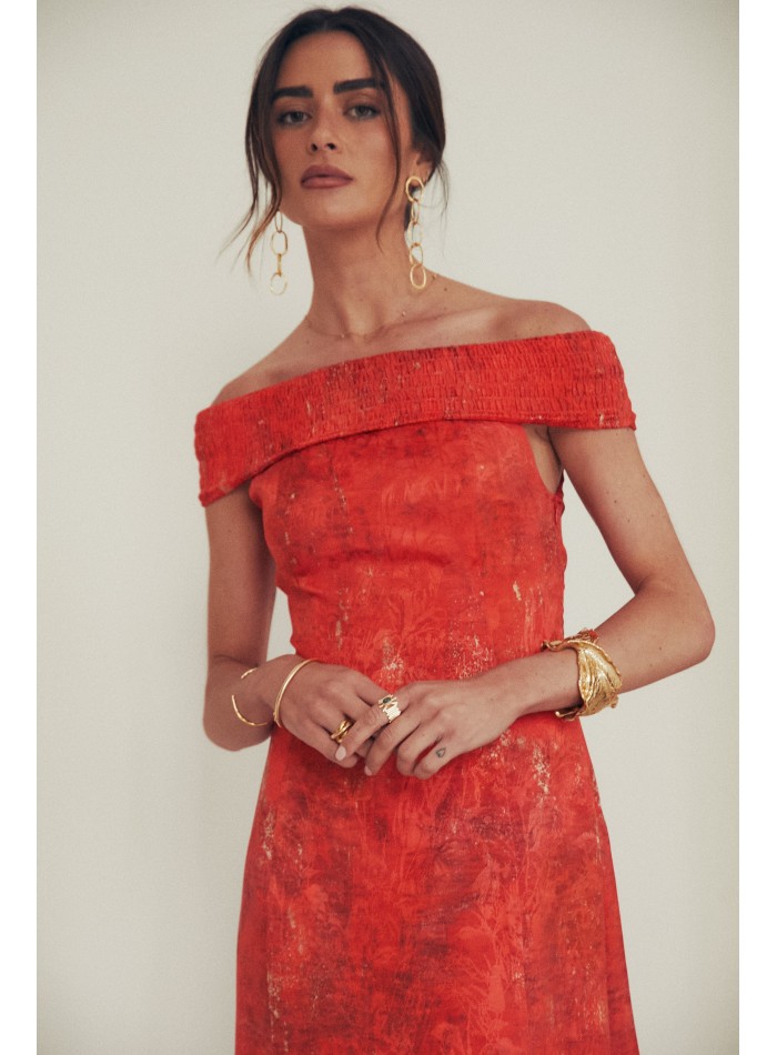 Vestido midi para evento con escote bardot fruncido rojo para fiesta