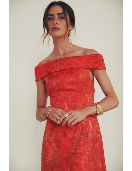 Vestido midi para evento con escote bardot fruncido rojo para fiesta Vestido midi para evento con escote bardot fruncido rojo para fiesta