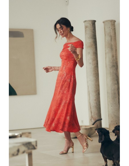 Vestido midi para evento con escote bardot fruncido
