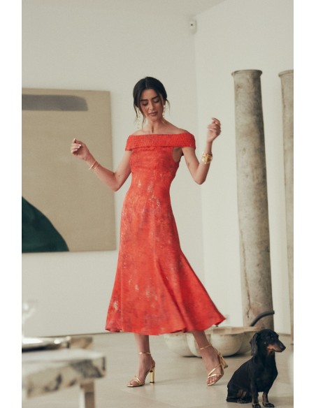 Vestido midi para evento con escote bardot fruncido