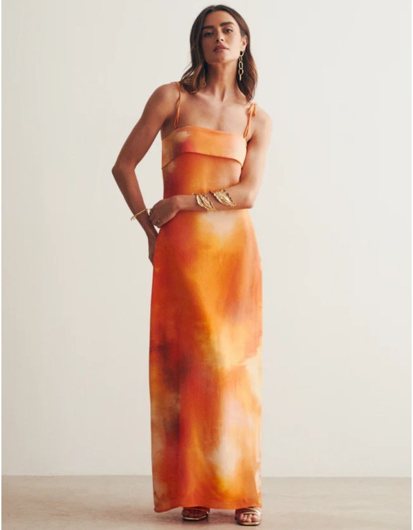 Vestido largo palabra de honor naranja tornasolado